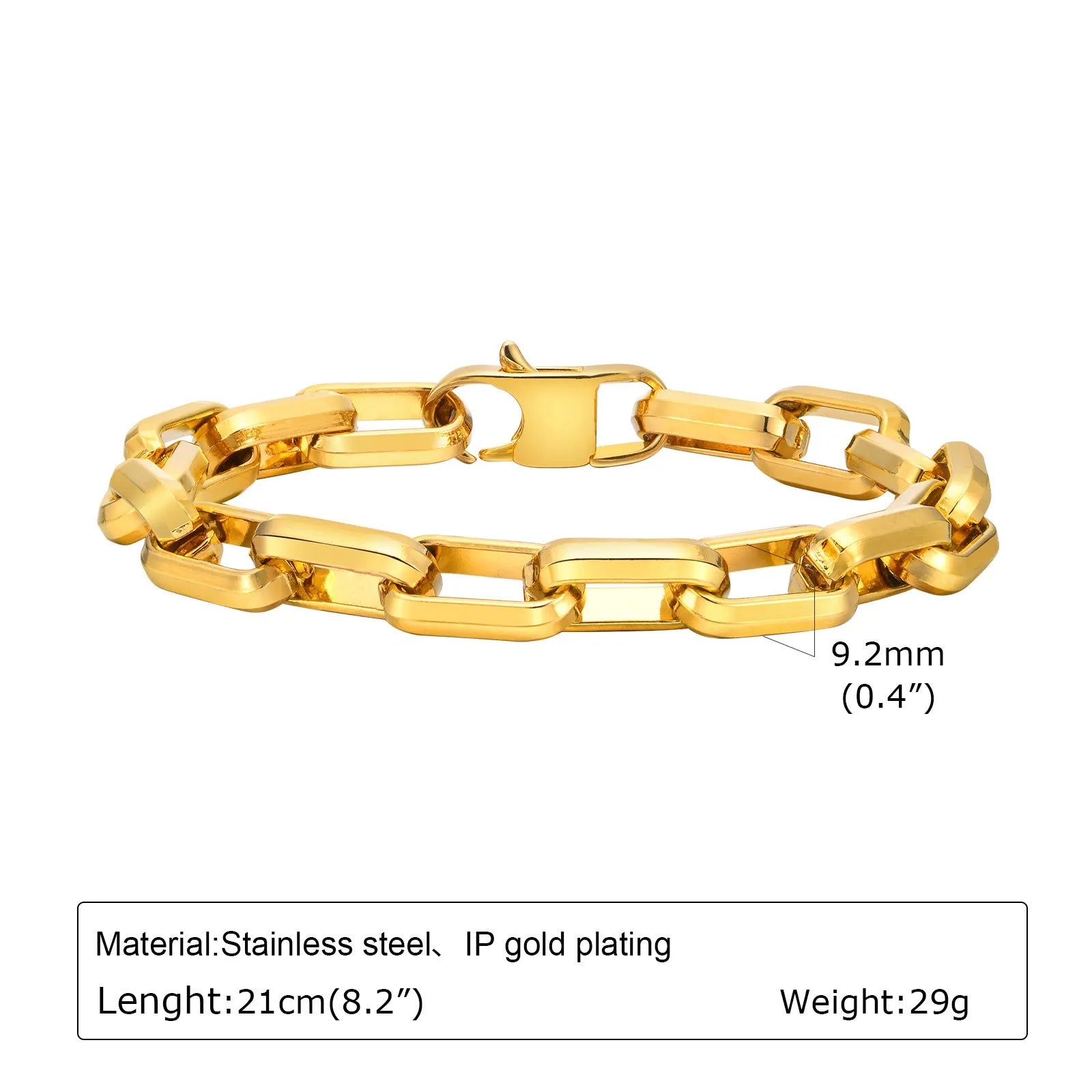 Men's stainless steel square chain bracelet in gold, black, steel, and retro colour finishes.