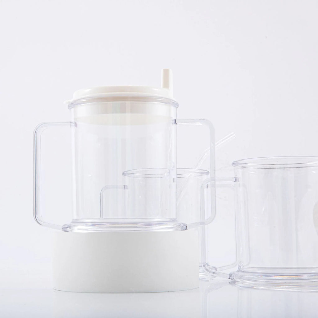 Transparent spill-proof drinking cup showing 14cm height with 301-400ml capacity