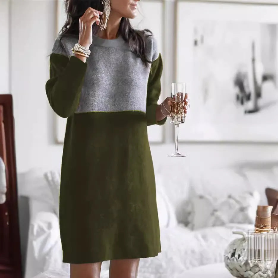 Brown women's long sleeve dress with patchwork detailing and a loose, flowing silhouette.