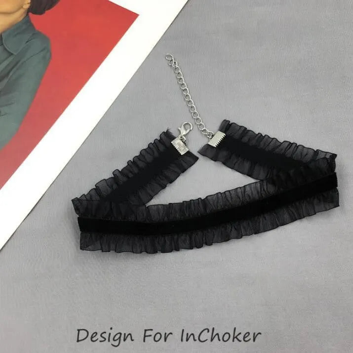 Velvet ruffled flower pendant clavicle necklace with snake bones chain in black, light coffee, or white colour