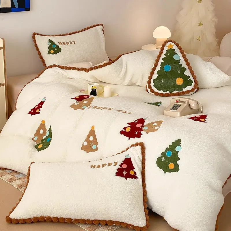 Bright yellow four-piece bedding set with cartoon Christmas tree pattern, fleece-lined for winter warmth