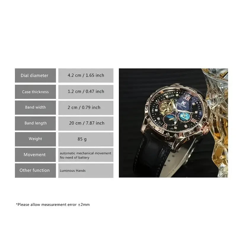 Black and rose gold automatic mechanical watch with hollow dial showing movement through openings