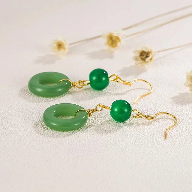 Green geometric peace buckle earrings with Chinese Han clothing and cheongsam design elements