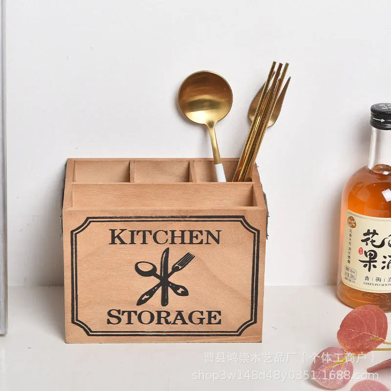 Wooden kitchen storage box for cutlery and chopsticks with internal divider grid