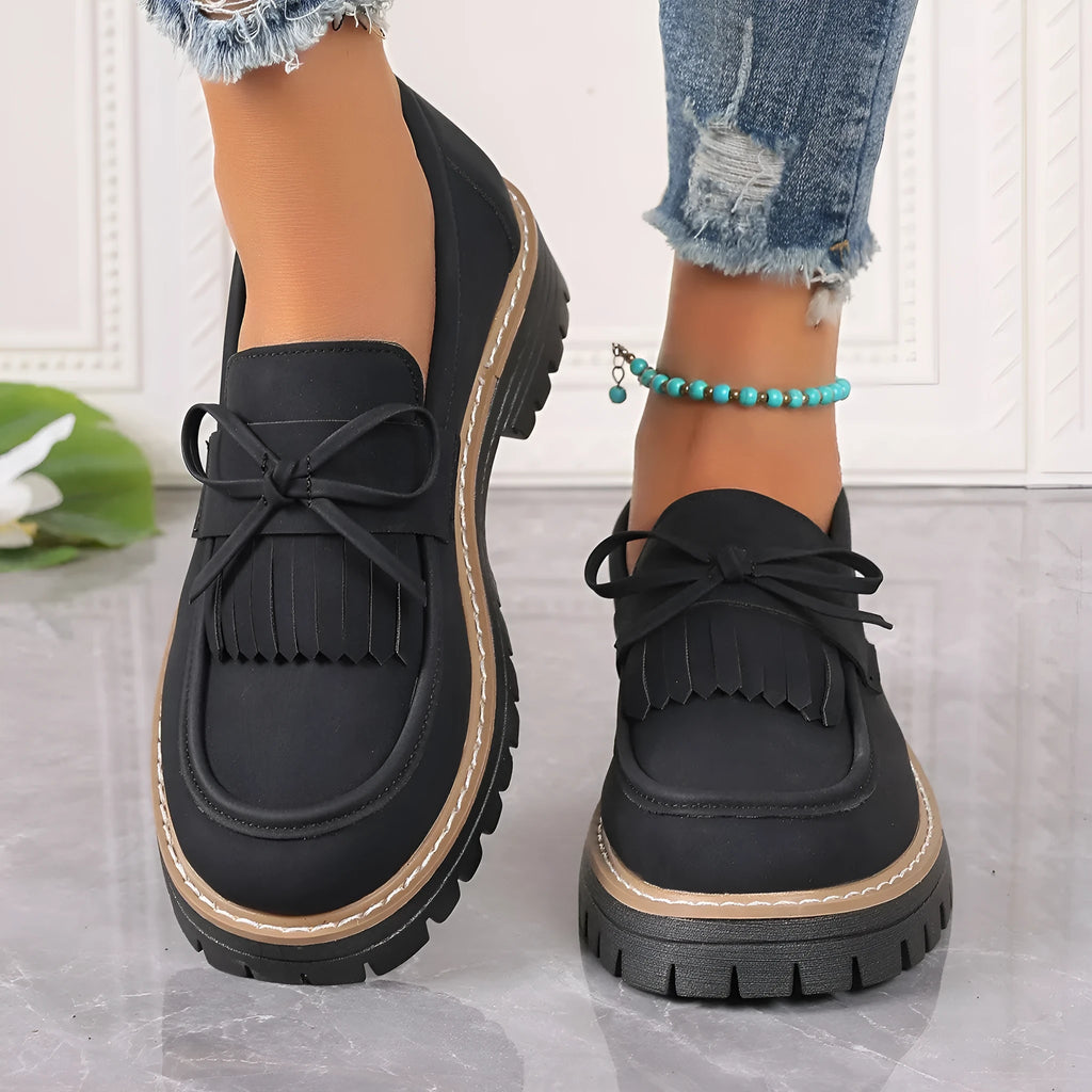 Black plus size women's loafers with tassel and bowknot decoration on round toe casual shoes