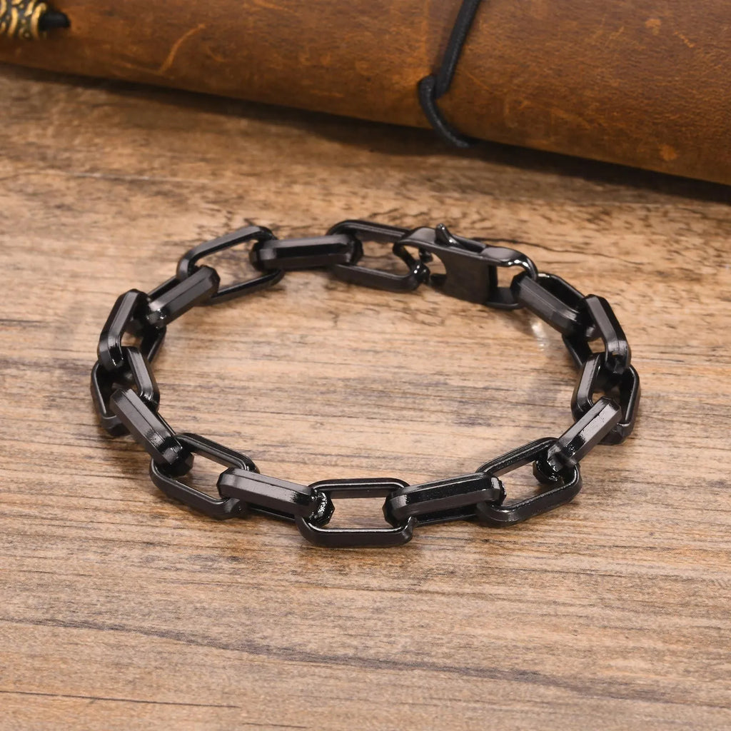 Men's stainless steel square chain bracelet in gold, black, steel, and retro colour finishes.