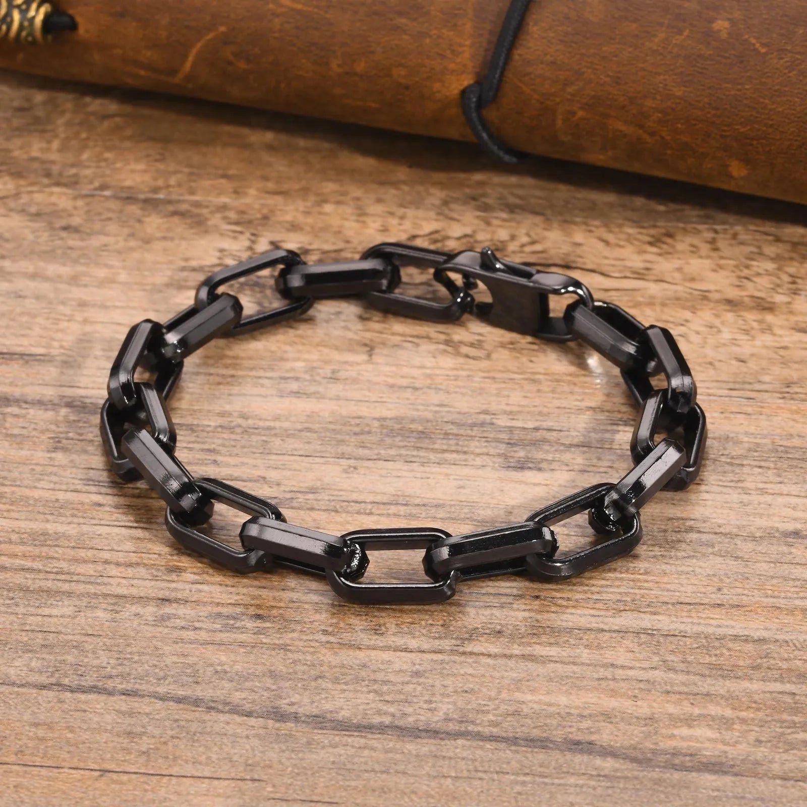 Men's stainless steel square chain bracelet in gold, black, steel, and retro colour finishes.