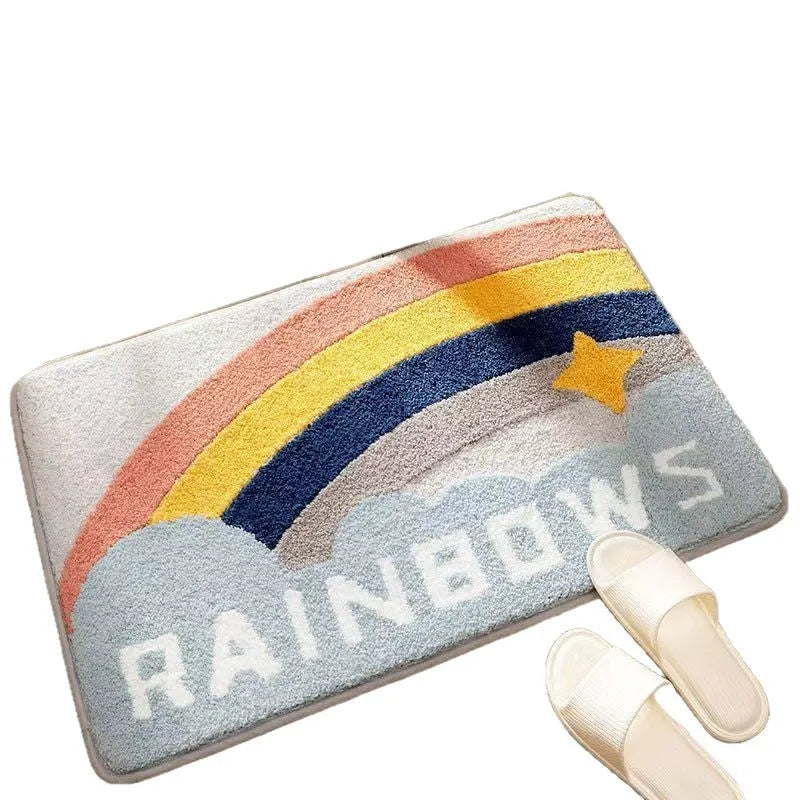 Imitation cashmere carpet floor mat with rainbow pattern and plastic bottom in sky sea colour