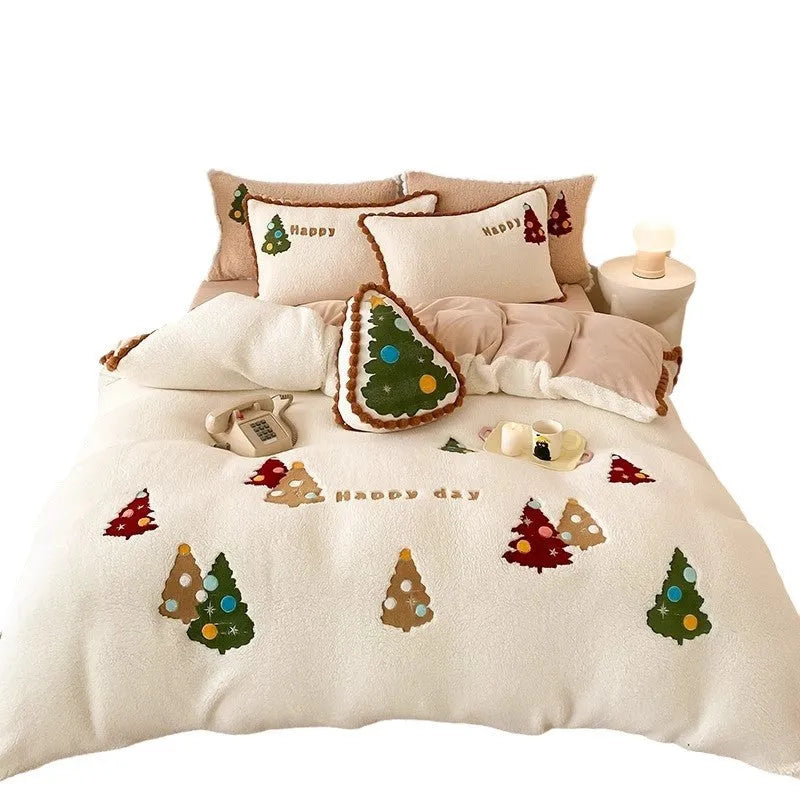 Bright yellow four-piece bedding set with cartoon Christmas tree pattern, fleece-lined for winter warmth