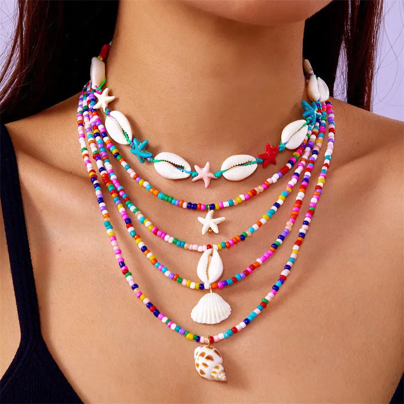 Women's blue and multi-colour starfish shell necklace 5-piece set with adjustable chain