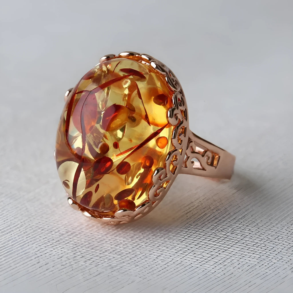 Beeswax amber ethnic style ring with retro design in New Amber Type A colour