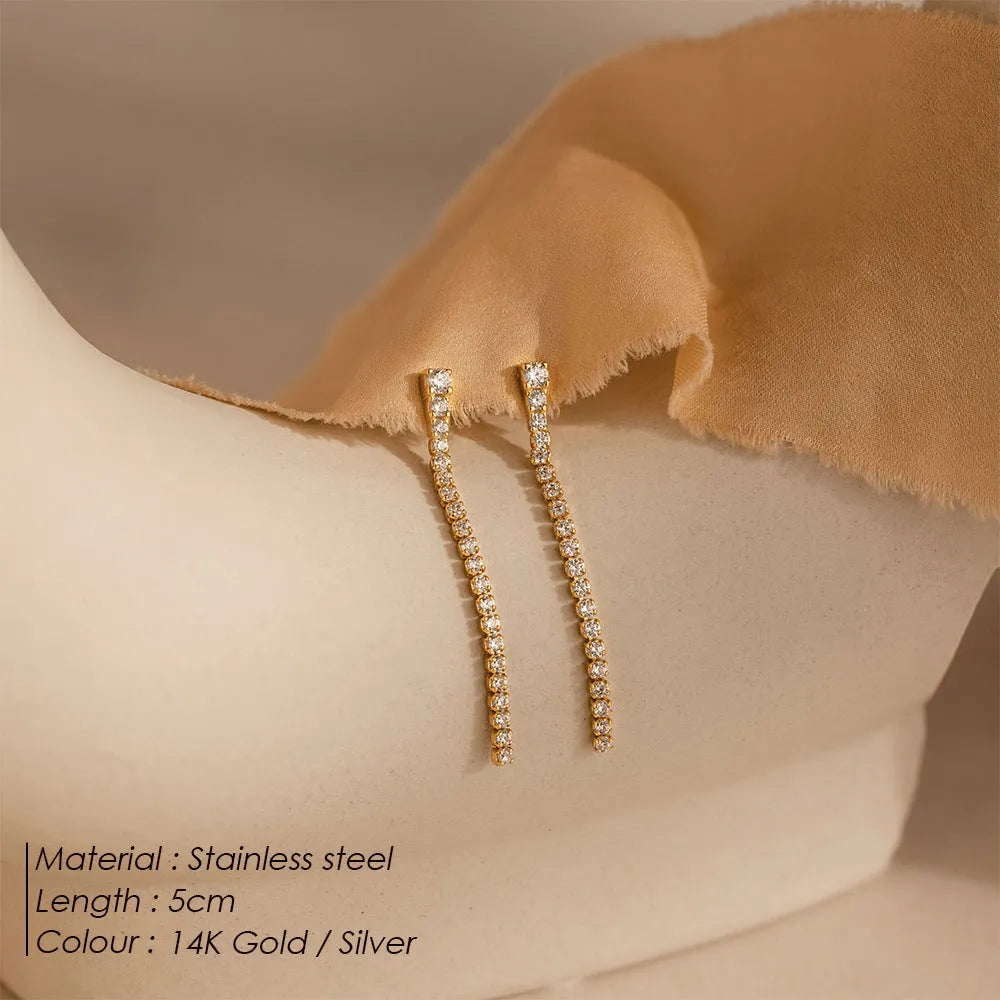 Stainless steel geometric line earrings with zircon studs and Chinese style design