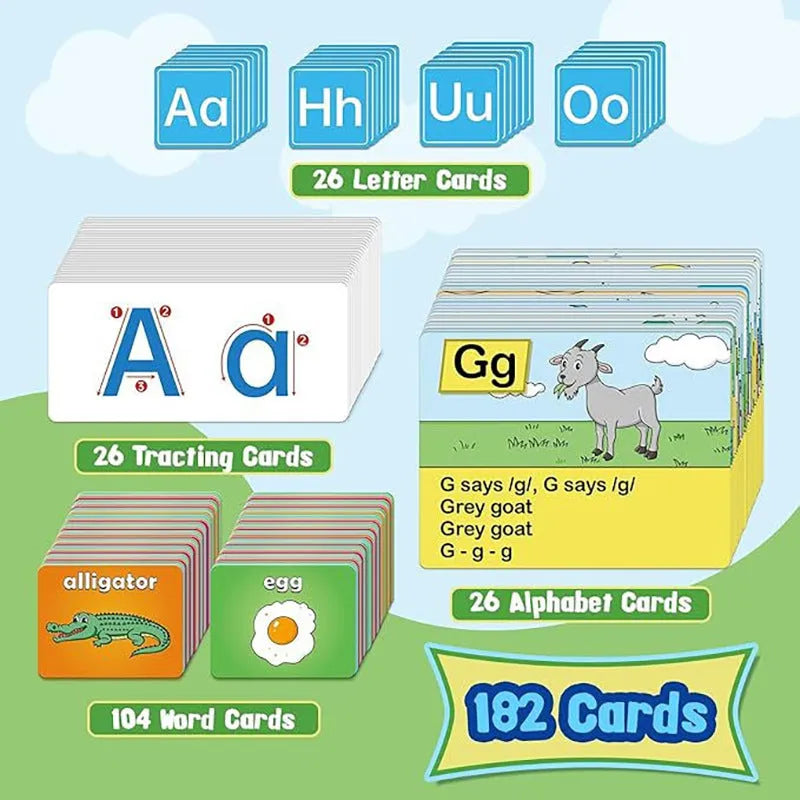 Alphabet learning sleeve table chart with word, letter, and picture cards on a flannel surface.