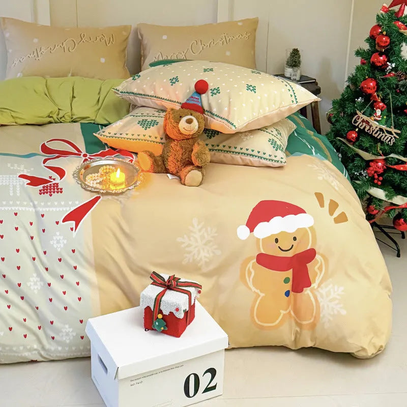 Christmas bedding set four-piece with printed cartoon design on washed cotton material