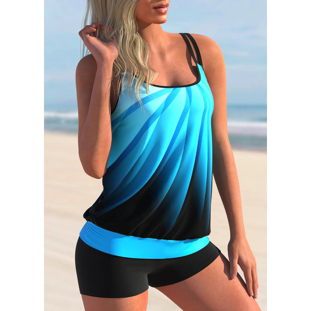 Plus size women's swimsuit set with halter-neck top and conservative beach shorts in Butterfly print pattern.