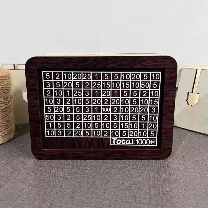 Wooden retro digital coin bank with digital display on modern simple desk.