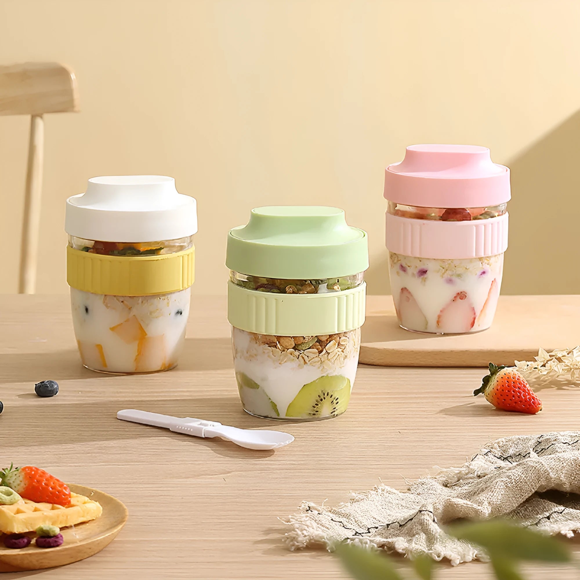 Green plastic salad cup with airtight lid and spoon, 570ml capacity