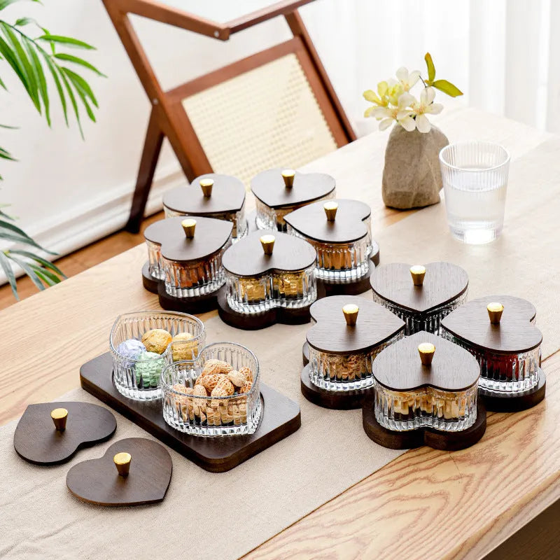 Glass snack serving platter with coloured glaze and heart-shaped transparent bowls in a 4-grid configuration.