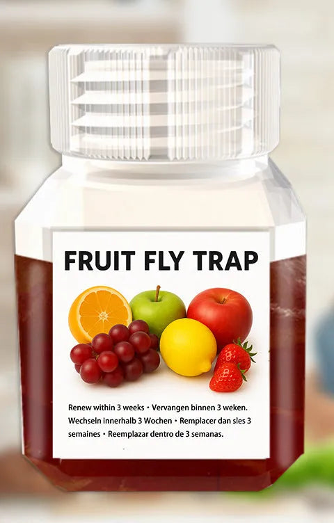 Bottle of fruit fly trapper bait liquid with optional funnel for kitchen pest control
