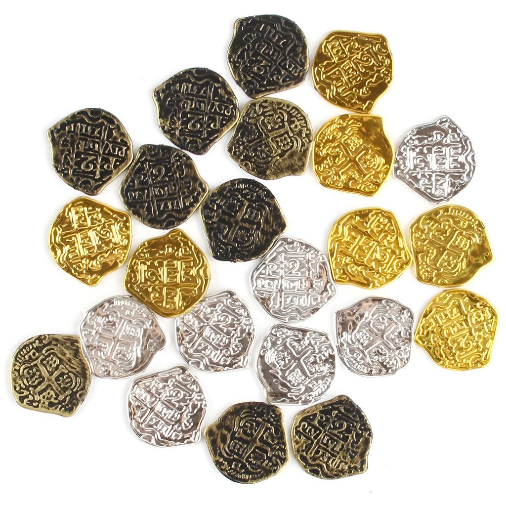 Set of 100 plastic Roman coin replicas with electroplated gold, silver, or bronze finishes for props and decoration