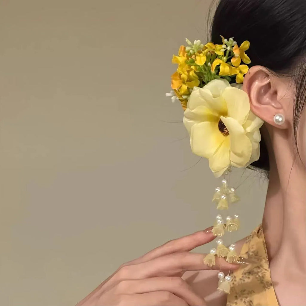 Yellow floral hair clip with pearls and dangling tassels, handmade women's hair accessory