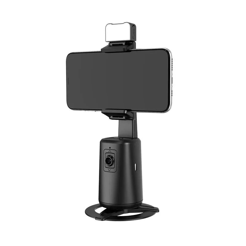 Black desktop phone bracket with rotating camera head and LED ribbon lights for face tracking video calls