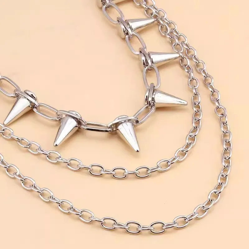 Silver metal pants chain with dark punk rivet ornaments measuring 115cm length for women's trousers