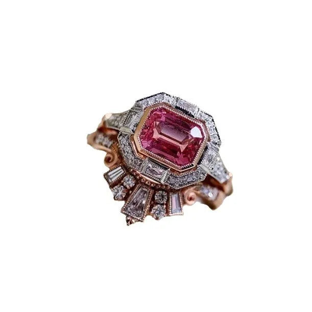 Rose gold women's ring with geometric ruby design in European American retro style