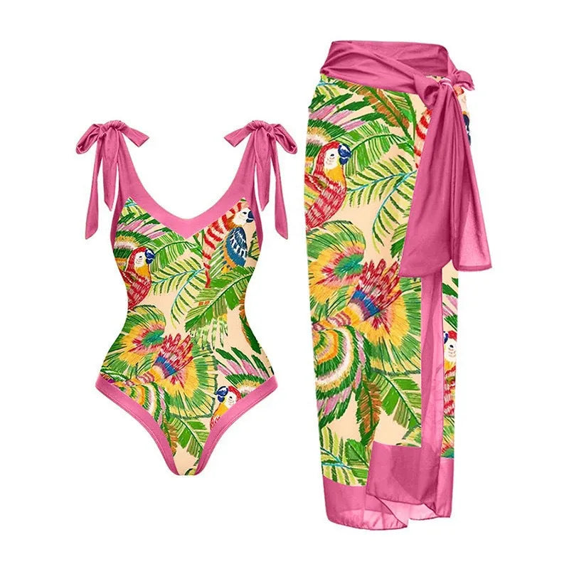 Women's solid colour one-piece swimsuit with spaghetti straps and matching skirt