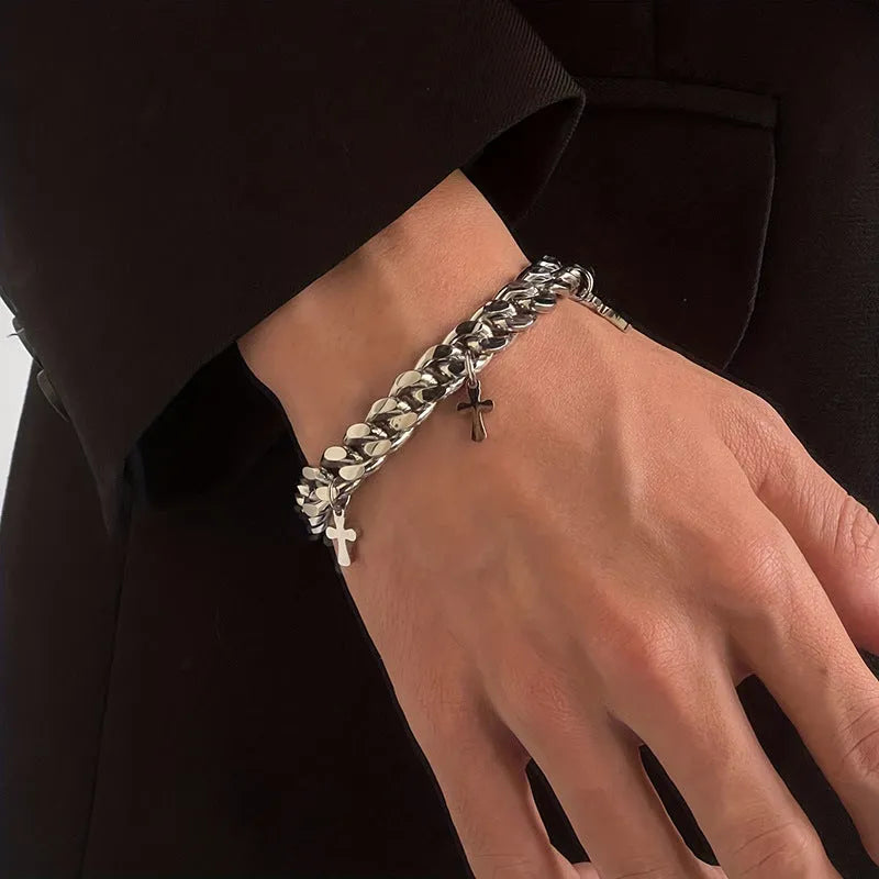 Titanium steel men's bracelet with geometric shape and cross design in cold wind style