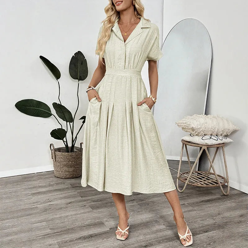 Light green women's twill shirt dress with lapel collar and waist-tight skirt design