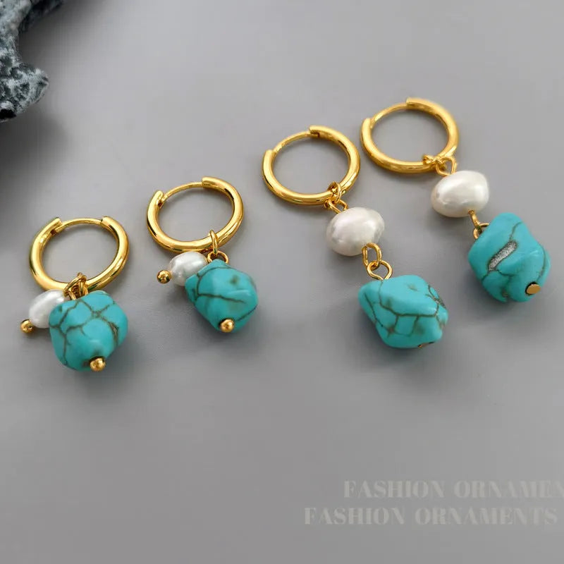 Geometric turquoise and cultured pearl clip earrings for women in long and short styles