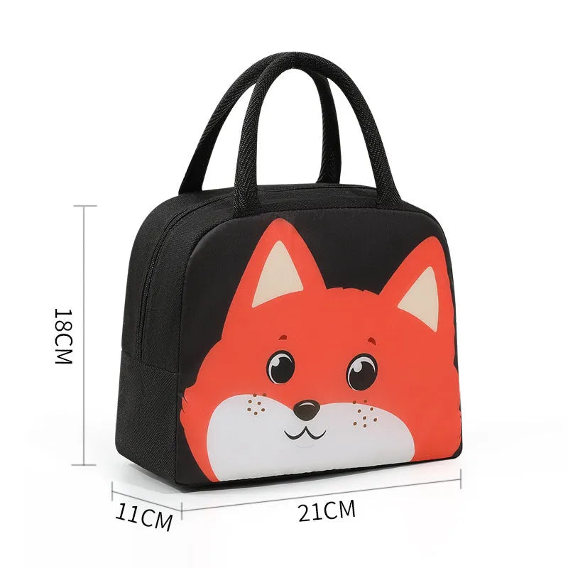 Cartoon insulated lunch box bag in Oxford cloth with aluminium foil lining, shown in multiple animal designs.