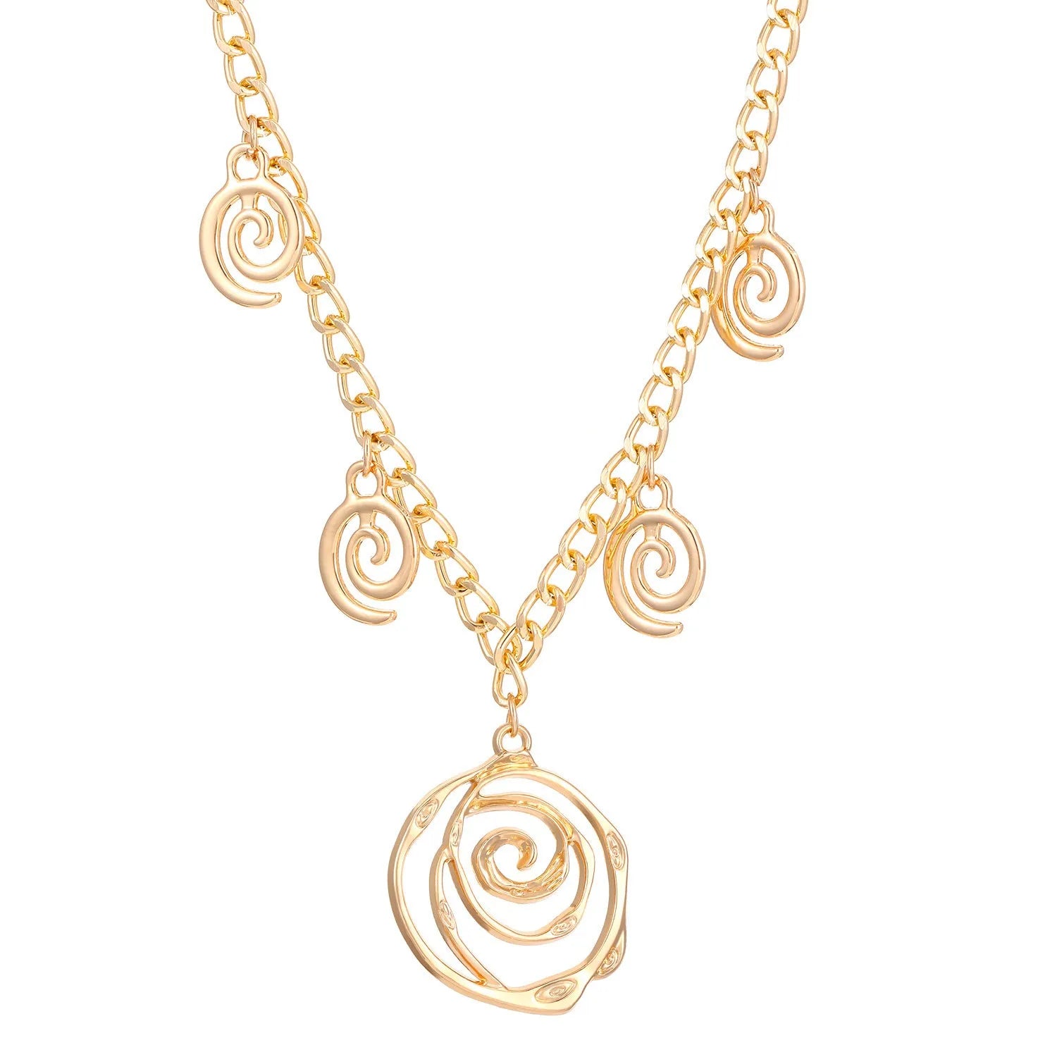 Gold tone spiral donut design necklace, bracelet, and earrings set on a white background.