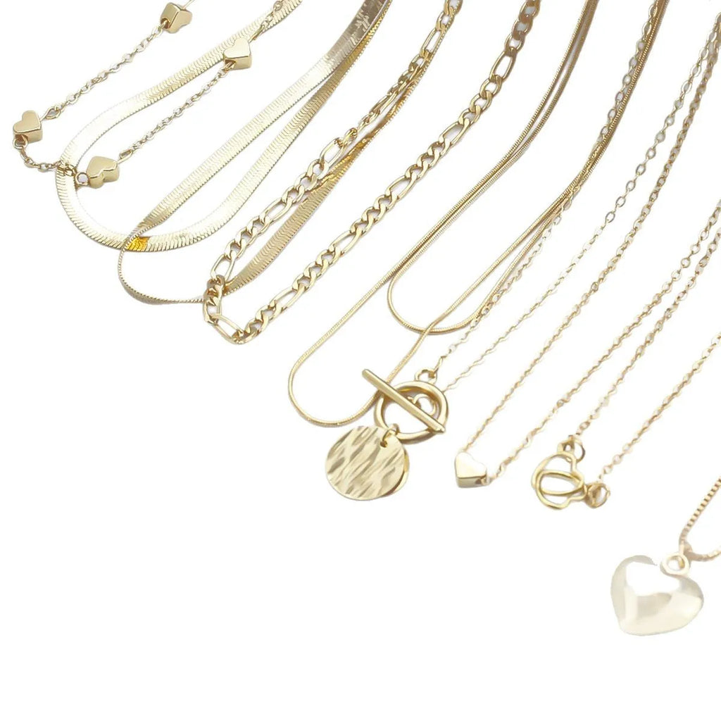 Gold electroplated women's necklace set with 10 alloy pendant pieces on snake bones chains