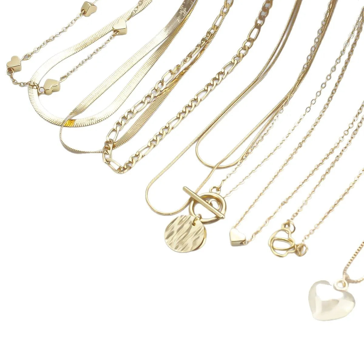Gold electroplated women's necklace set with 10 alloy pendant pieces on snake bones chains
