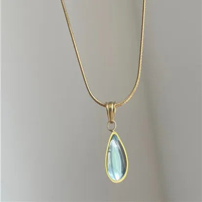 Retro blue and green water drop necklace with snake bones chain and mixed gem inlay