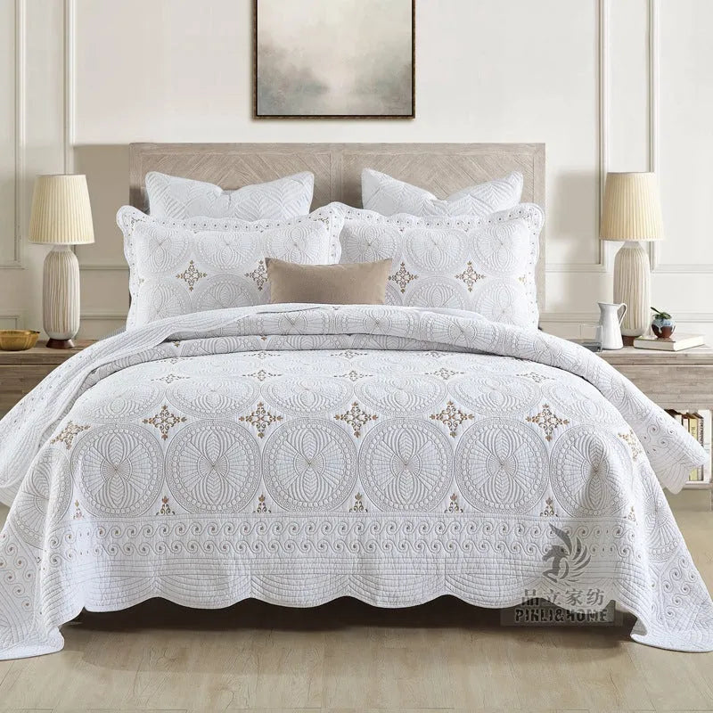 Pure cotton embroidered bed cover set with two pillowcases for 1.8 metre beds