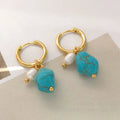 Geometric turquoise and cultured pearl clip earrings for women in long and short styles