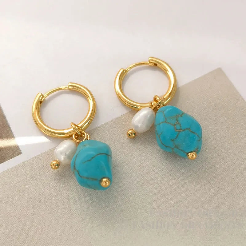 Geometric turquoise and cultured pearl clip earrings for women in long and short styles