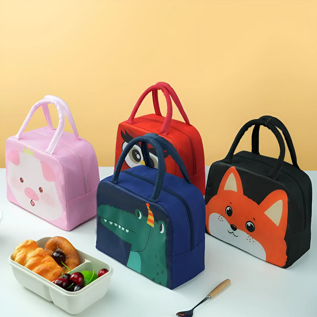 Cartoon insulated lunch box bag in Oxford cloth with aluminium foil lining, shown in multiple animal designs.