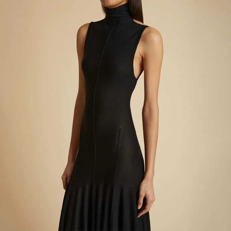 Women's grey cotton backless dress with half turtleneck neckline and high waist