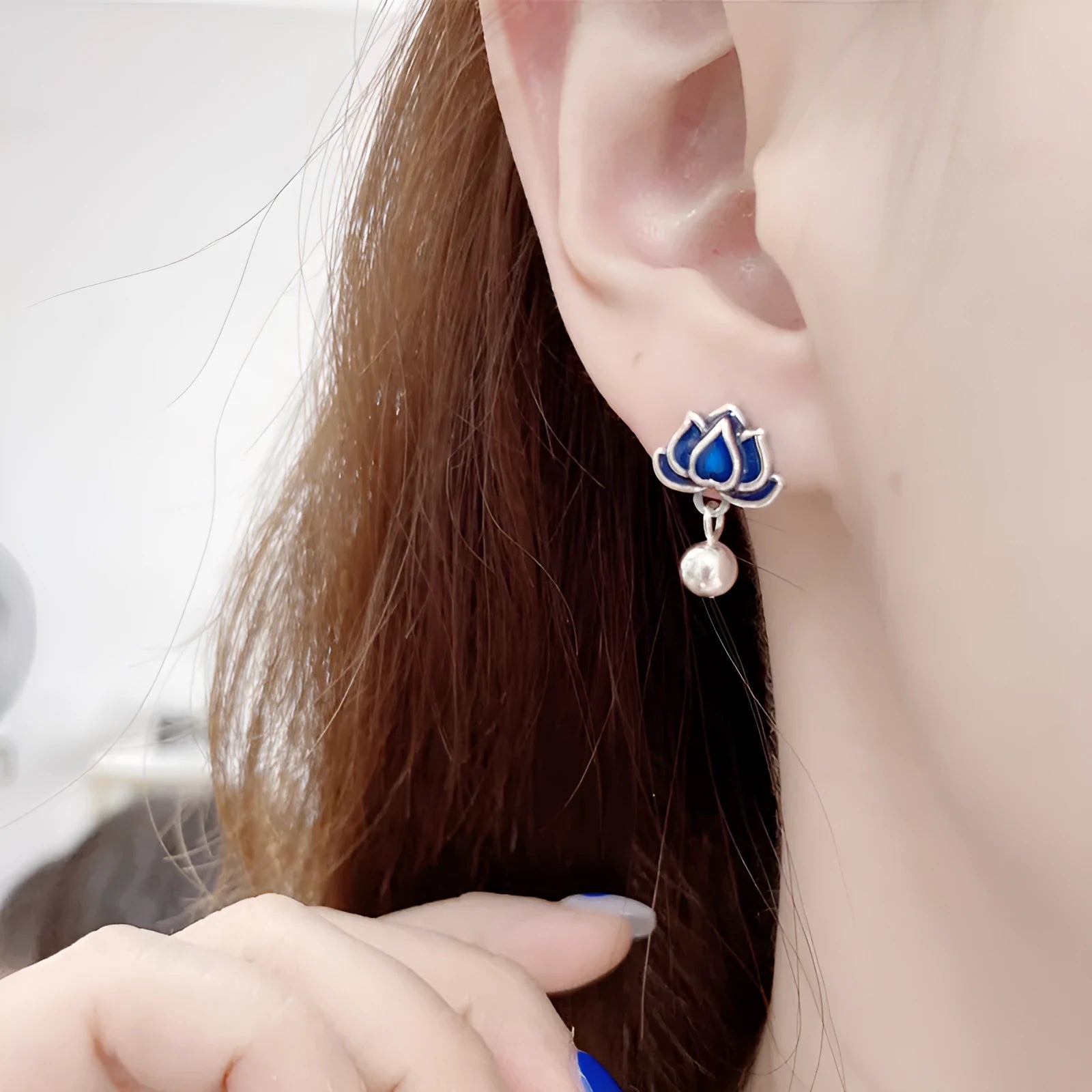 Blue lotus earrings with artistic seedpod tassel design, 1.2cm wide ear studs