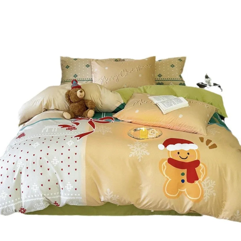 Christmas bedding set four-piece with printed cartoon design on washed cotton material