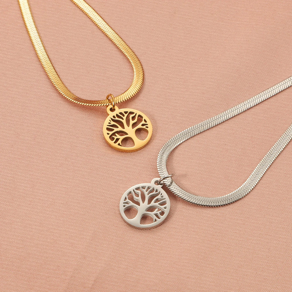 Stainless steel lucky tree necklace on a snake bone chain, showing gold and steel colour options.