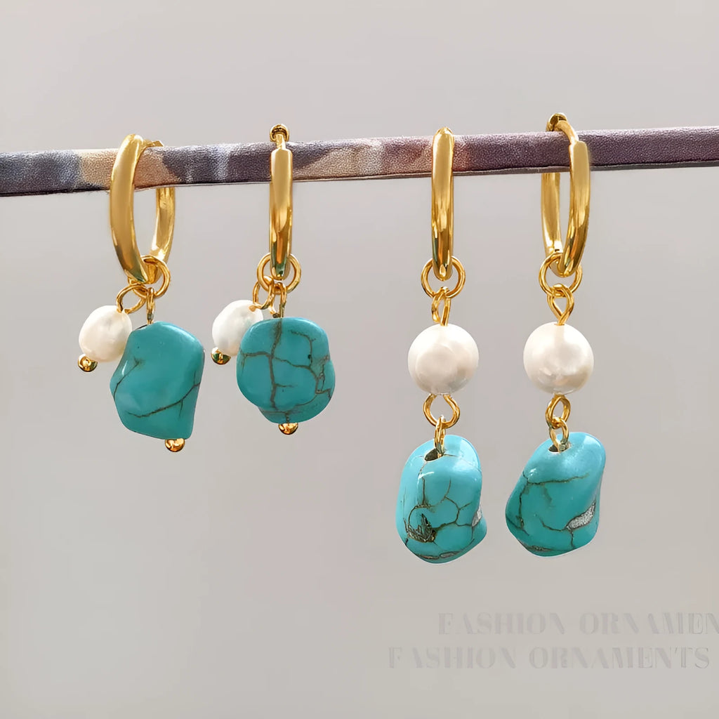 Geometric turquoise and cultured pearl clip earrings for women in long and short styles