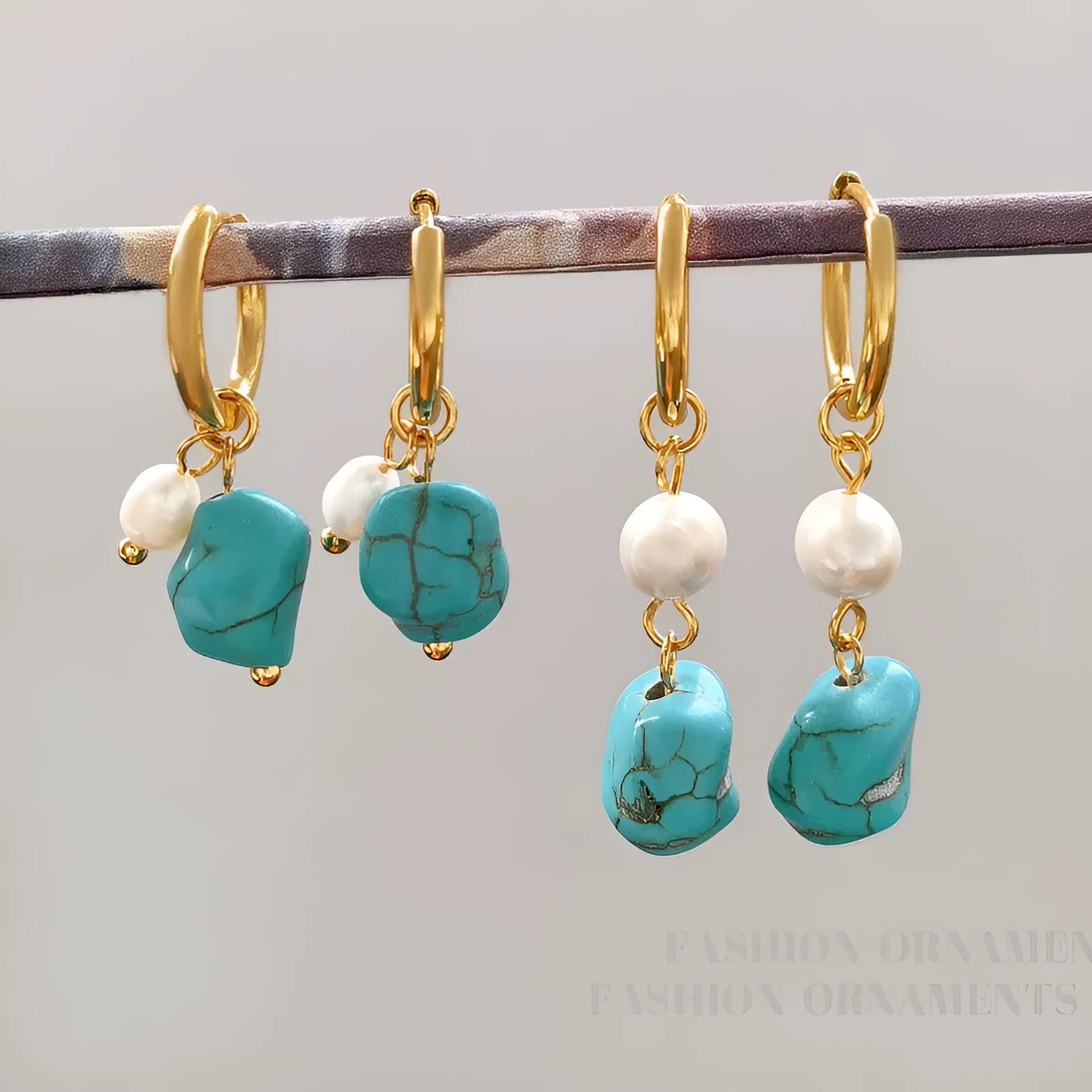 Geometric turquoise and cultured pearl clip earrings for women in long and short styles