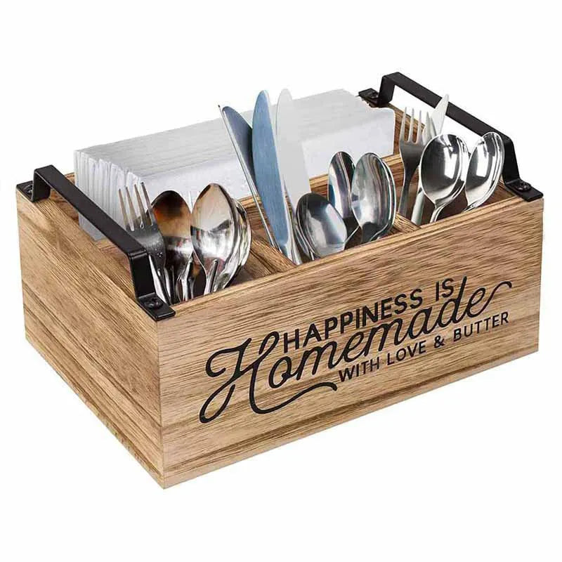 Large modern wooden kitchen storage box with internal grid for organising cutlery and utensils.