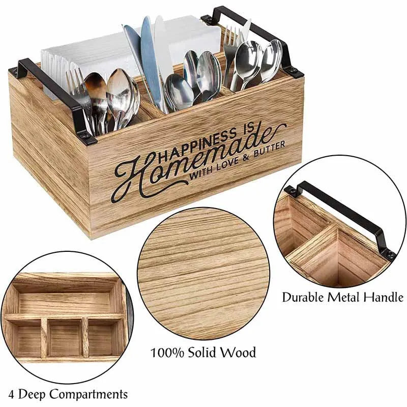 Large modern wooden kitchen storage box with internal grid for organising cutlery and utensils.
