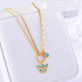 Gold titanium steel butterfly necklace and bracelet set with epoxy colourful detailing on snake bone chains